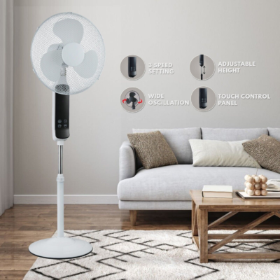 16″ PEDESTAL OSCILLATING TOUCH PANEL WHITE FAN 3 SPEED REMOTE CONTROL with TIMER